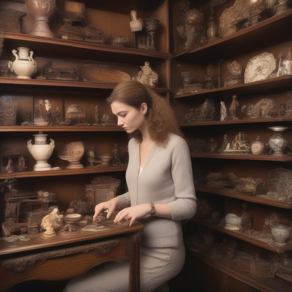 Searching for vintage wood wall shelves in an antique shop.