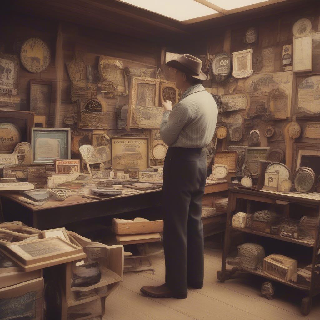 A person browsing through a stall filled with vintage wooden signs at a bustling flea market