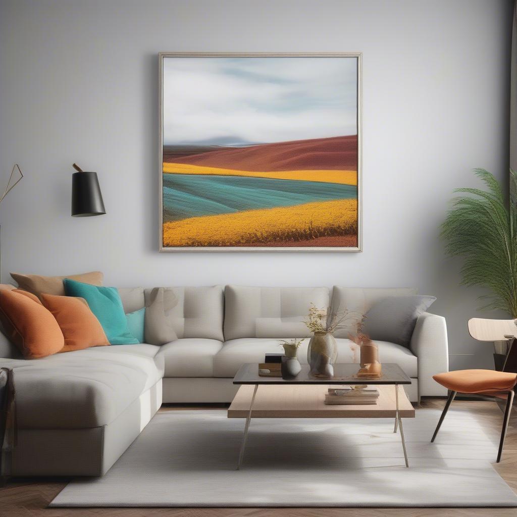 A finished canvas print hanging on a living room wall.