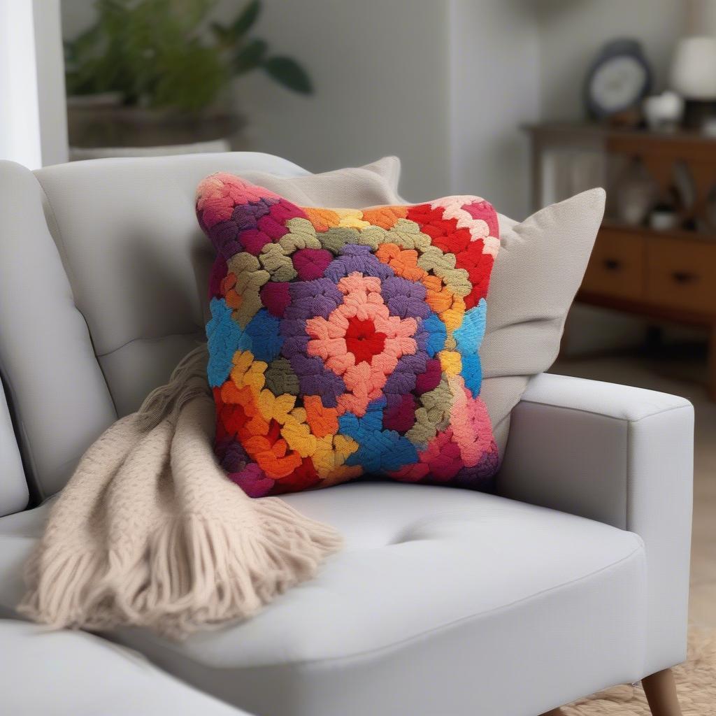 A completed granny square pillow rests on a comfortable sofa.