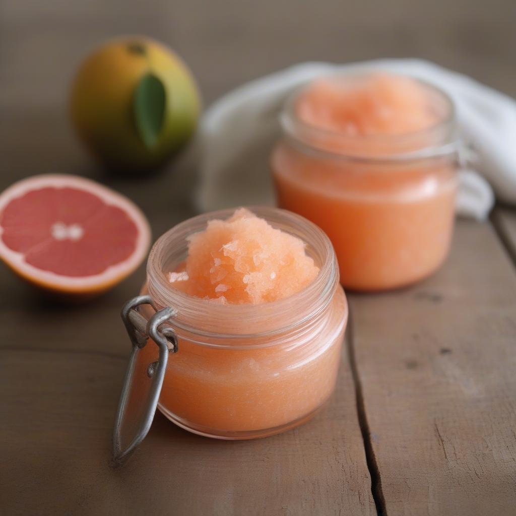 Finished grapefruit sugar scrub stored in a jar