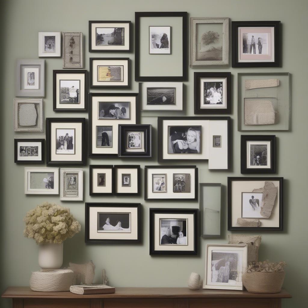 A beautifully arranged wall display showcasing various small collage picture frames