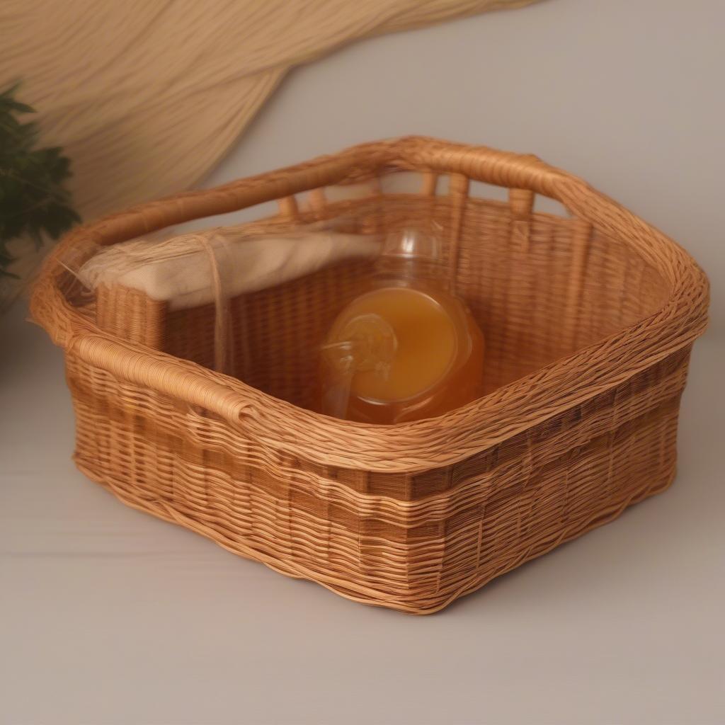 A finished wicker basket with frame honey applied