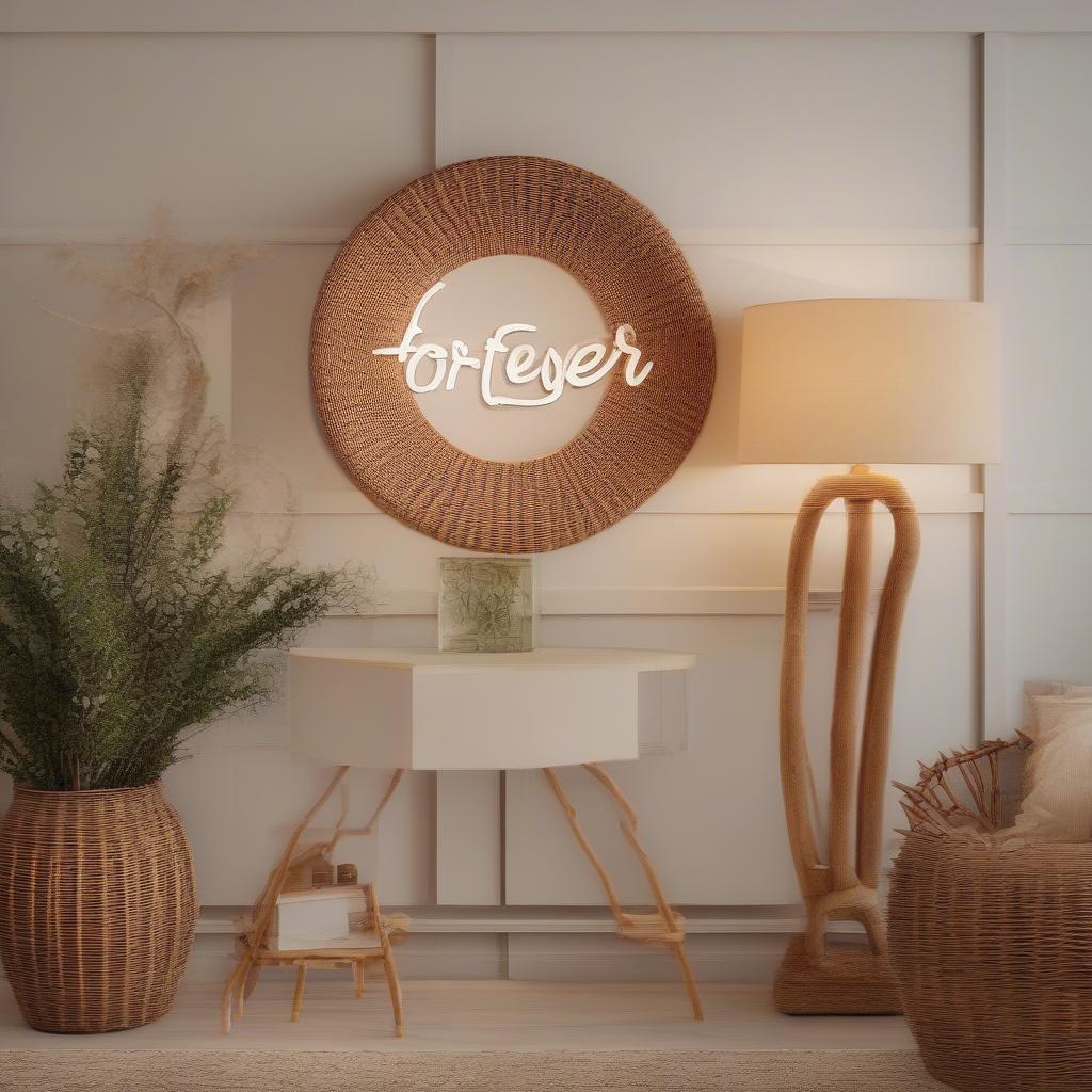 Beautifully crafted wicker and rattan forever sign displayed in a home setting, highlighting its decorative appeal.