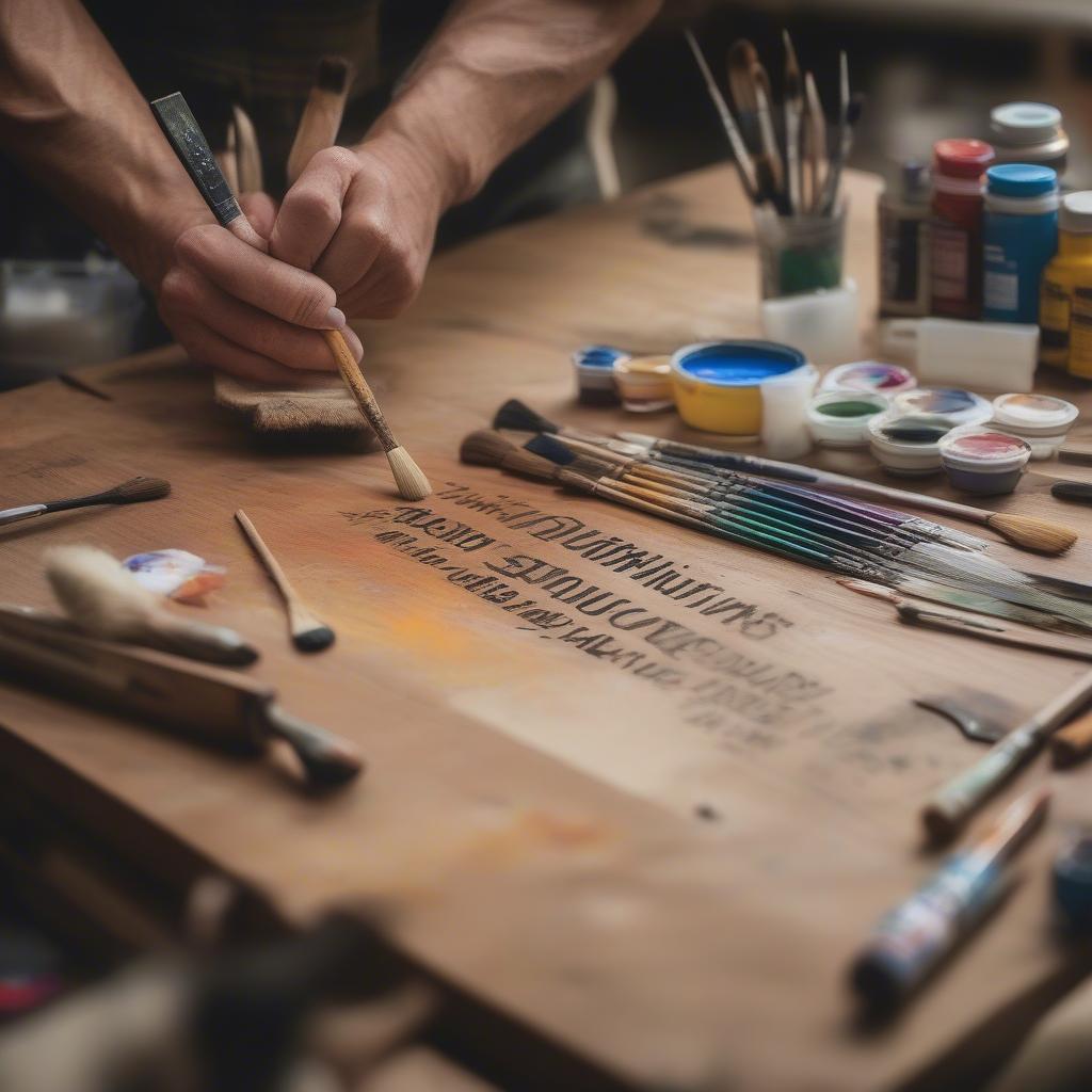 Applying finishing touches to a wood quote sign