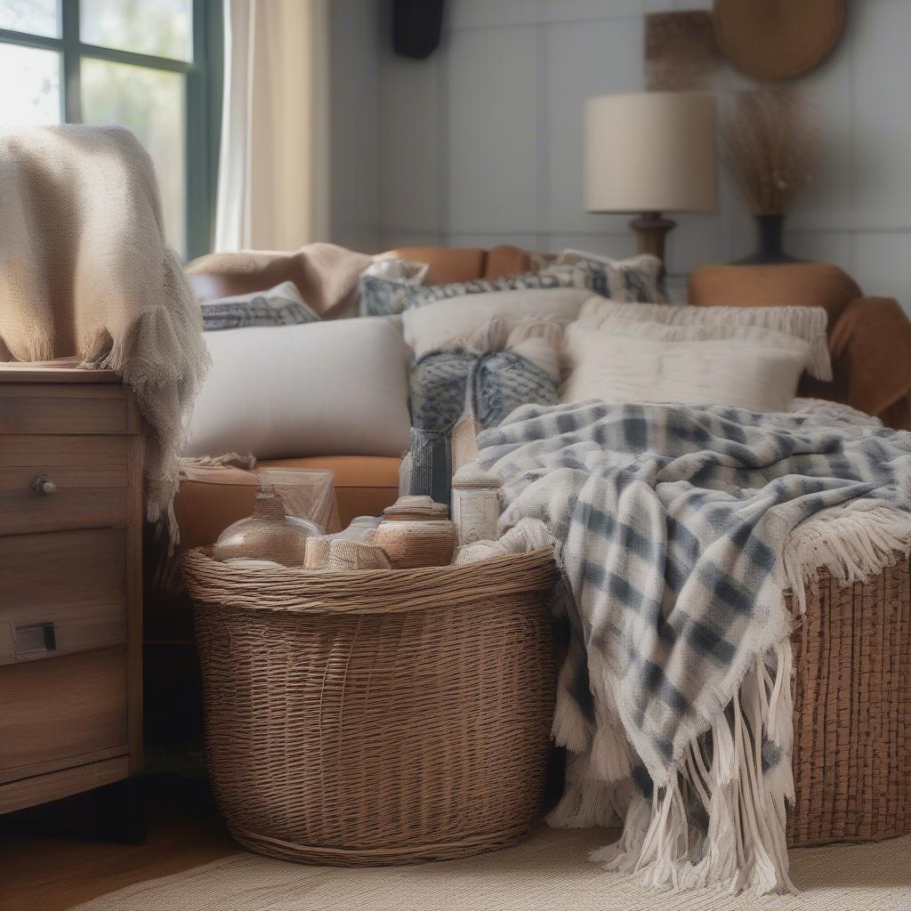 Flannel Blanket with Fringe Draped Over Wicker Basket