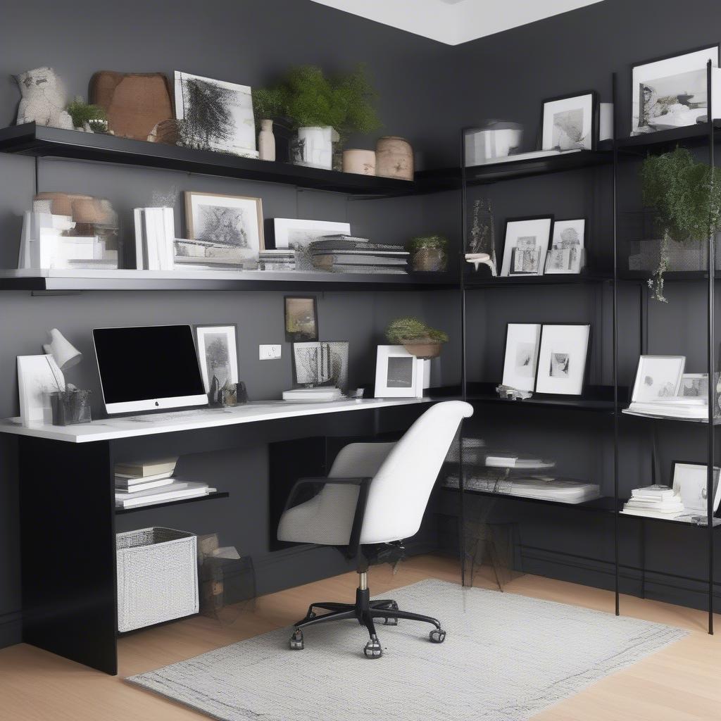 Floating shelves with picture frames in a home office setting