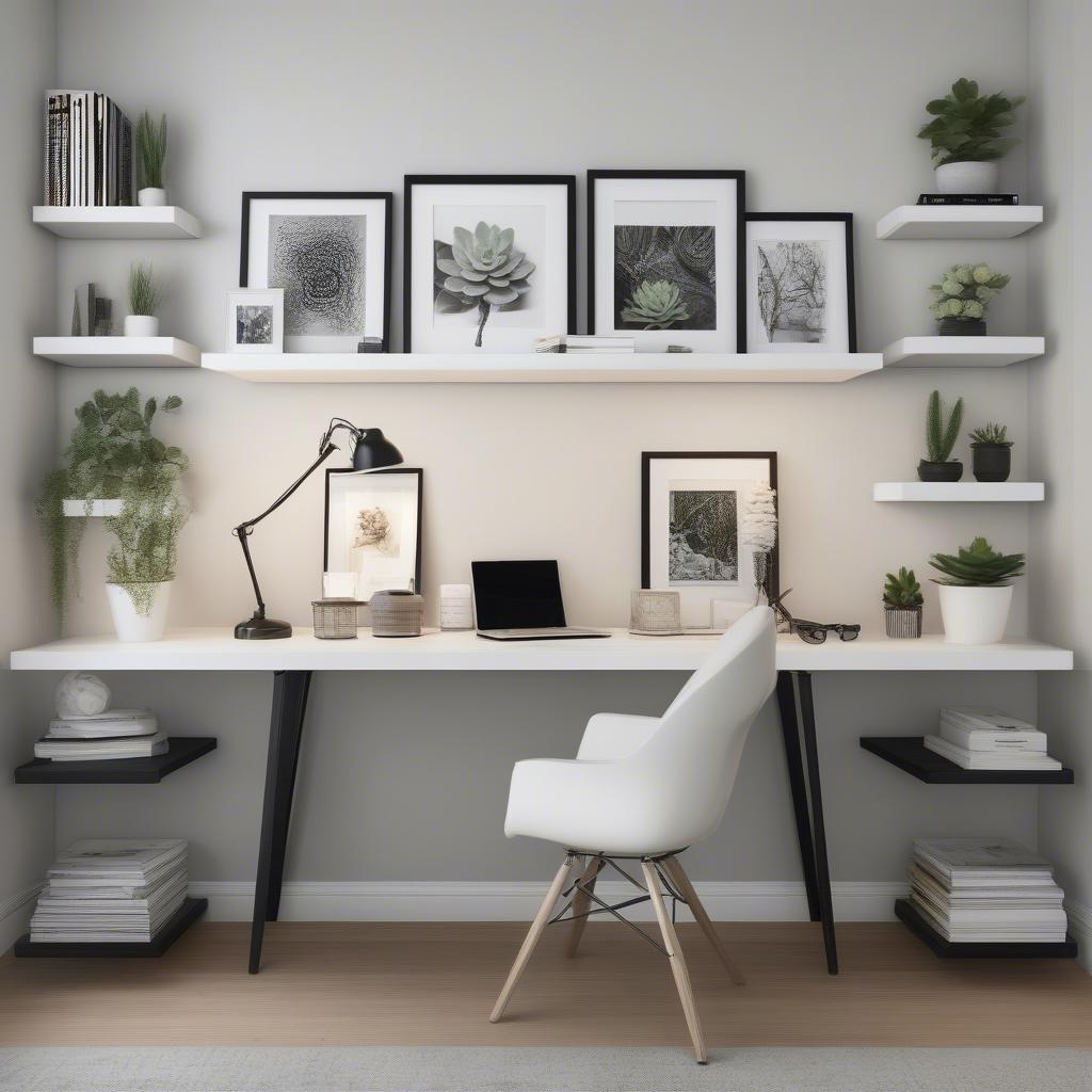 Floating shelves and picture frames in a home office setting