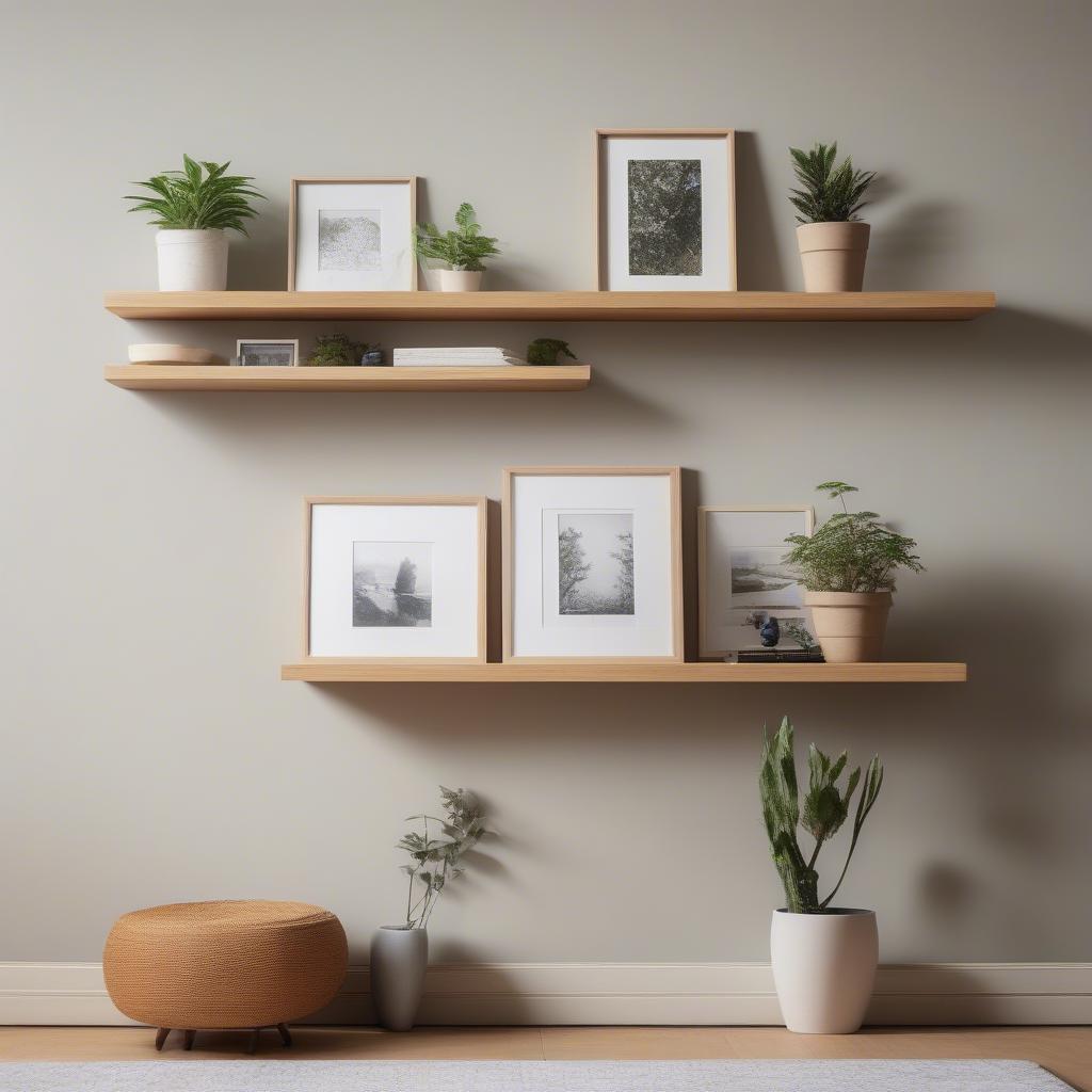 Floating shelves with picture frames in a living room setting