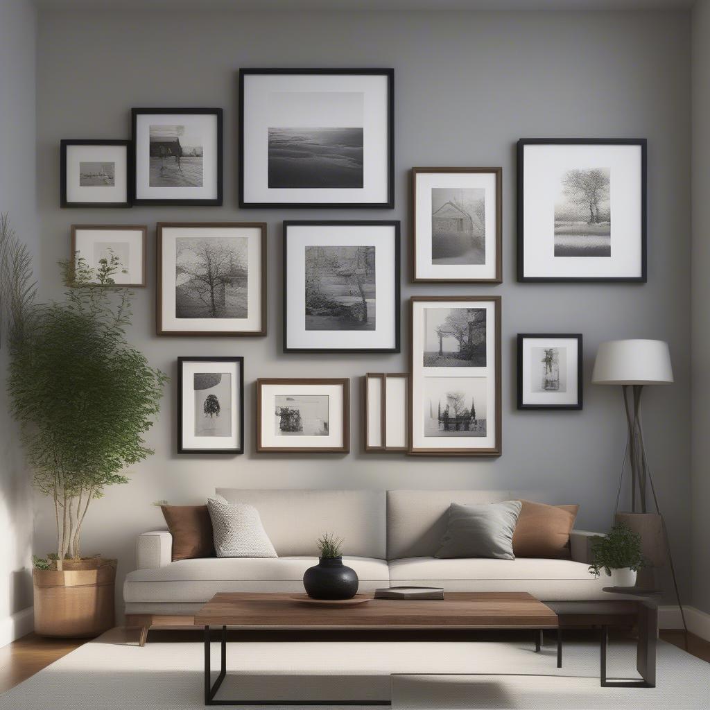 Floating shelves with picture frames in a living room setting