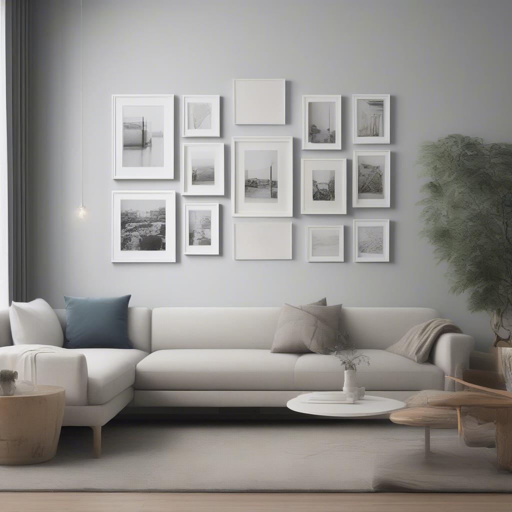 Examples of floating white frames displayed in various rooms, such as a living room, bedroom, and office.