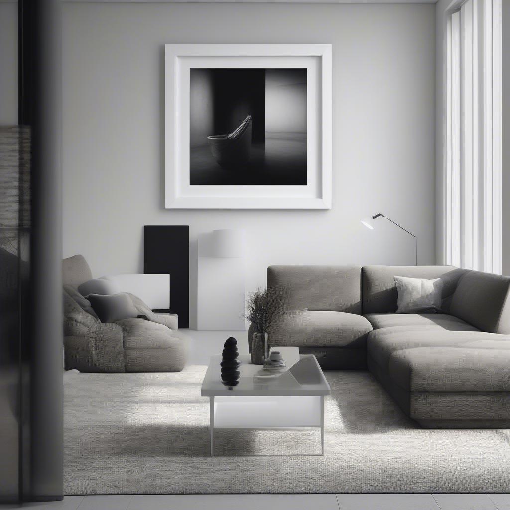 A minimalist living room with a large floating white frame displaying a black and white photograph.