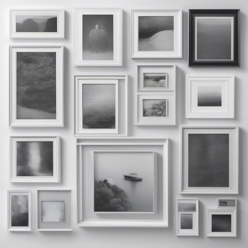 A graphic illustrating different sizes of floating white frames with corresponding artwork sizes.