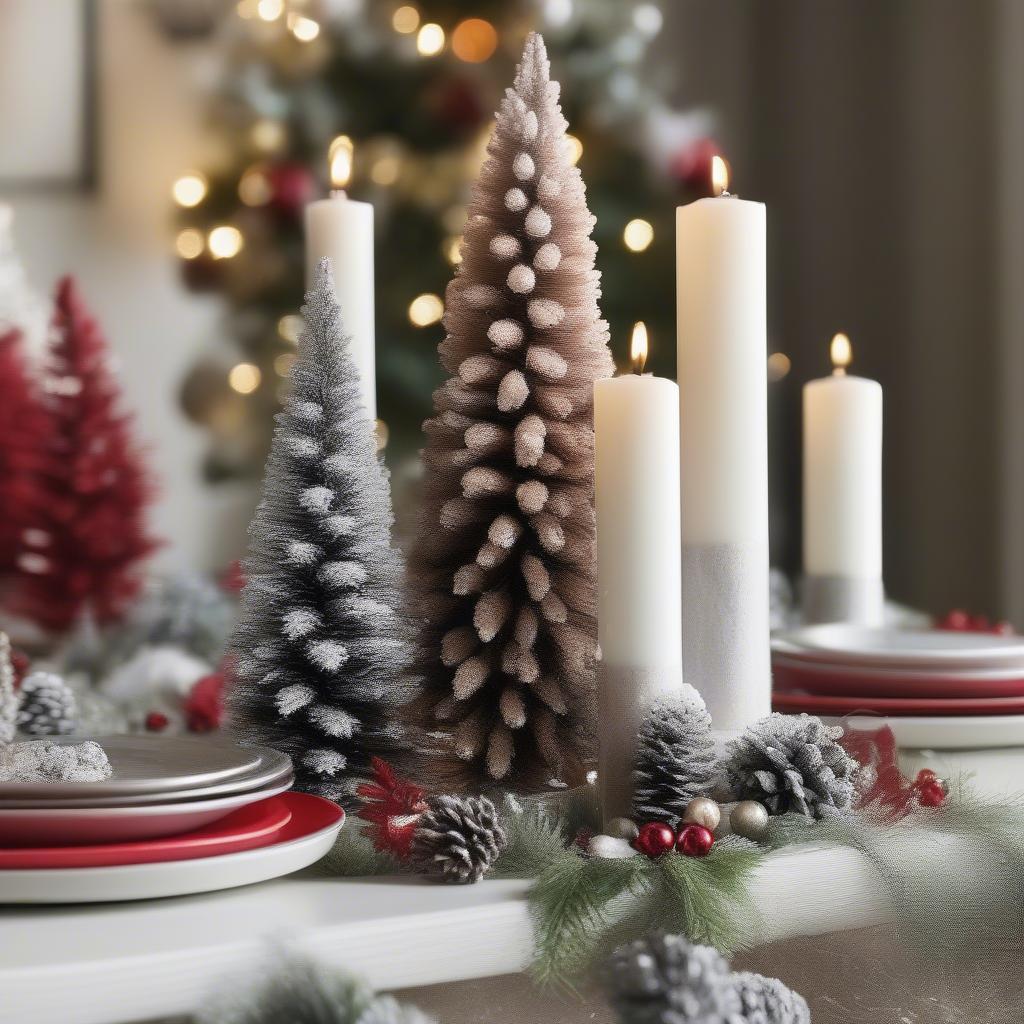 Festive Centerpiece with Flocked Bottle Brush Trees