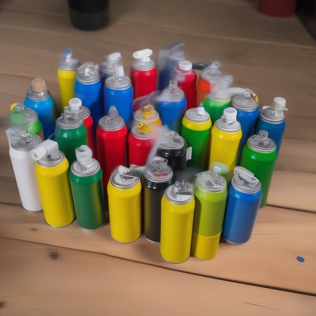 Flocked spray cans in various colors on a workbench