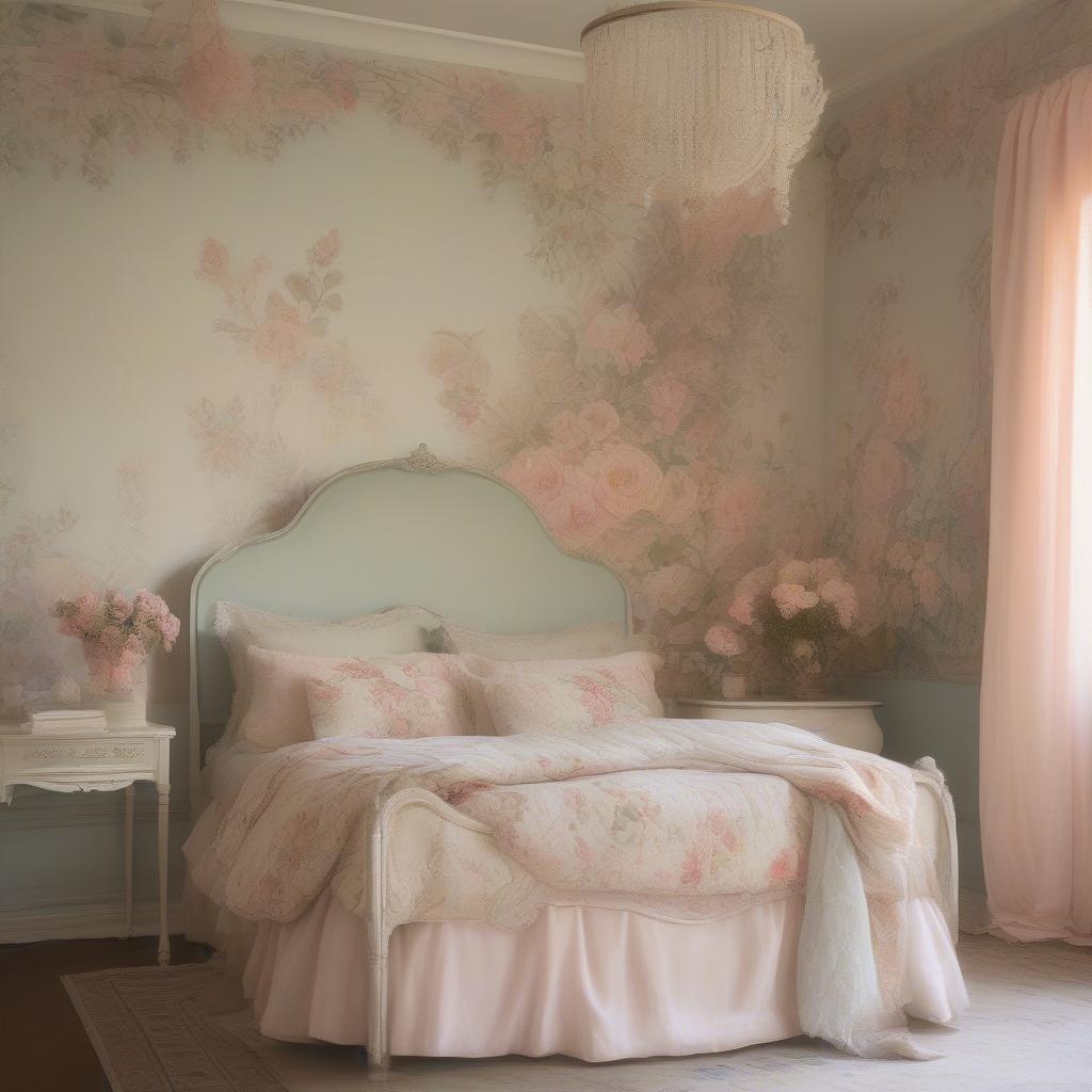 Delicate floral mural wall painting adds a touch of romance and femininity to a vintage-inspired bedroom.