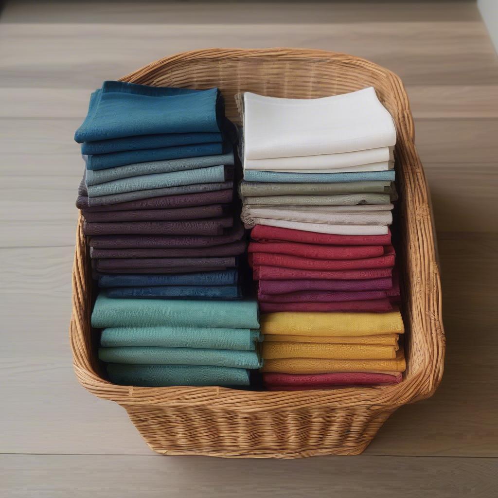 Folded linen napkins in a wicker basket