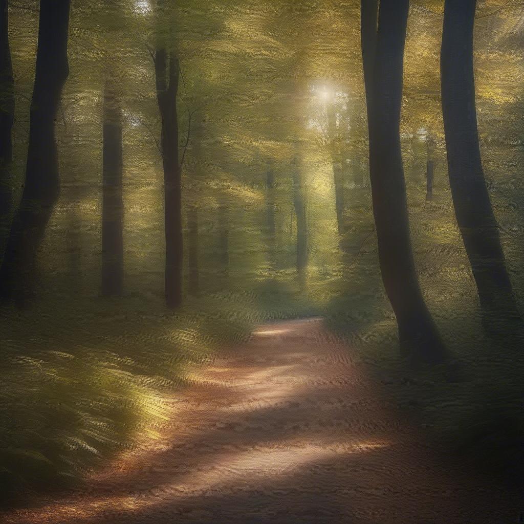 Sunlight filtering through trees on a forest path, a classic woods photography scene