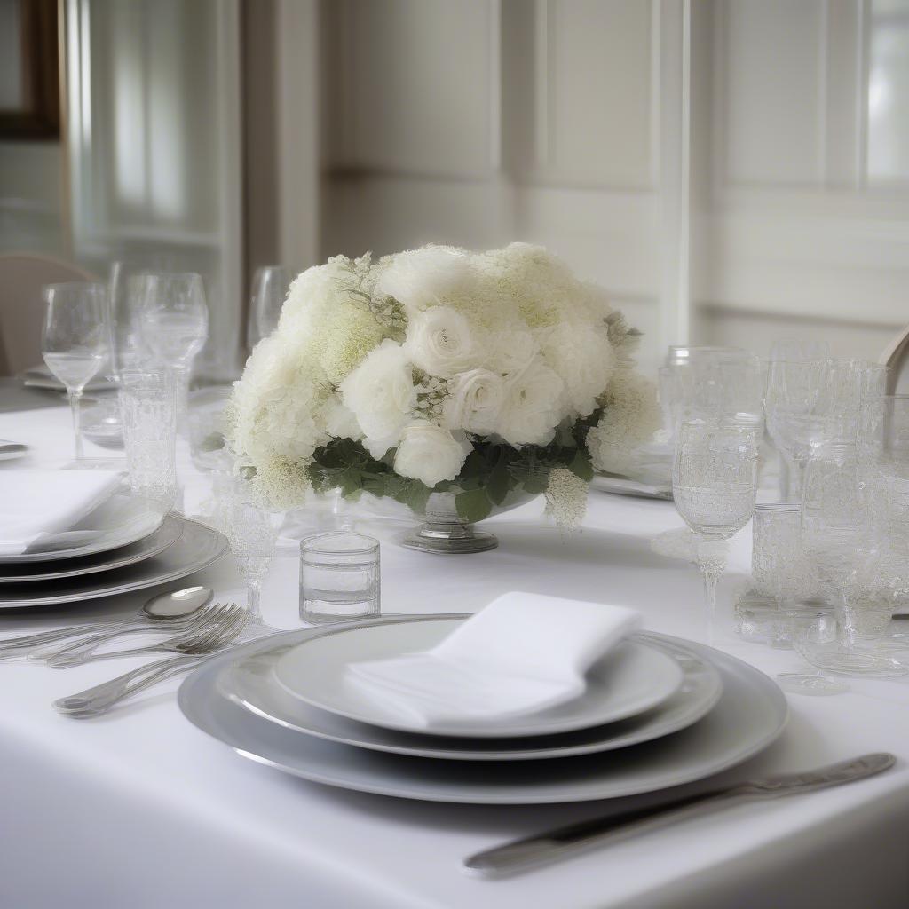 Formal Dining Table with White Linen Tablecloth