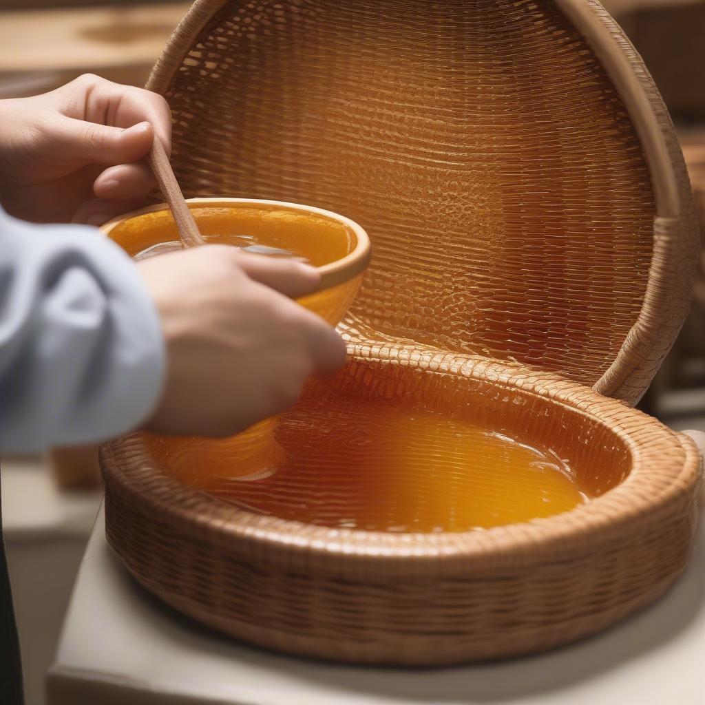 Applying frame honey to a wicker basket