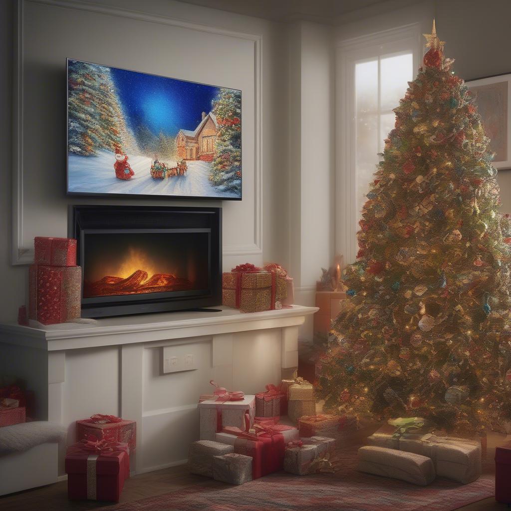 Frame TV displaying Christmas art in a cozy living room