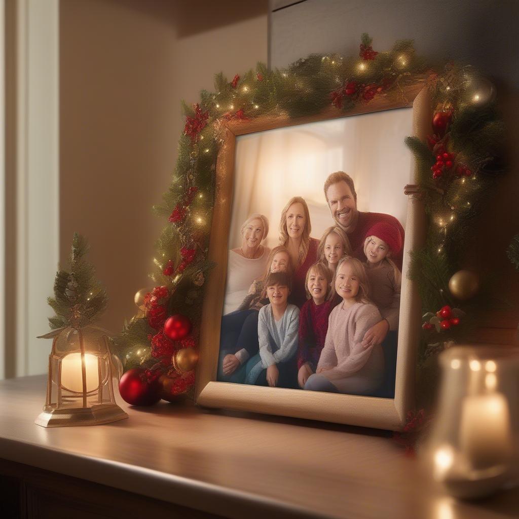 Frame TV displaying a family photo with holiday-themed frame