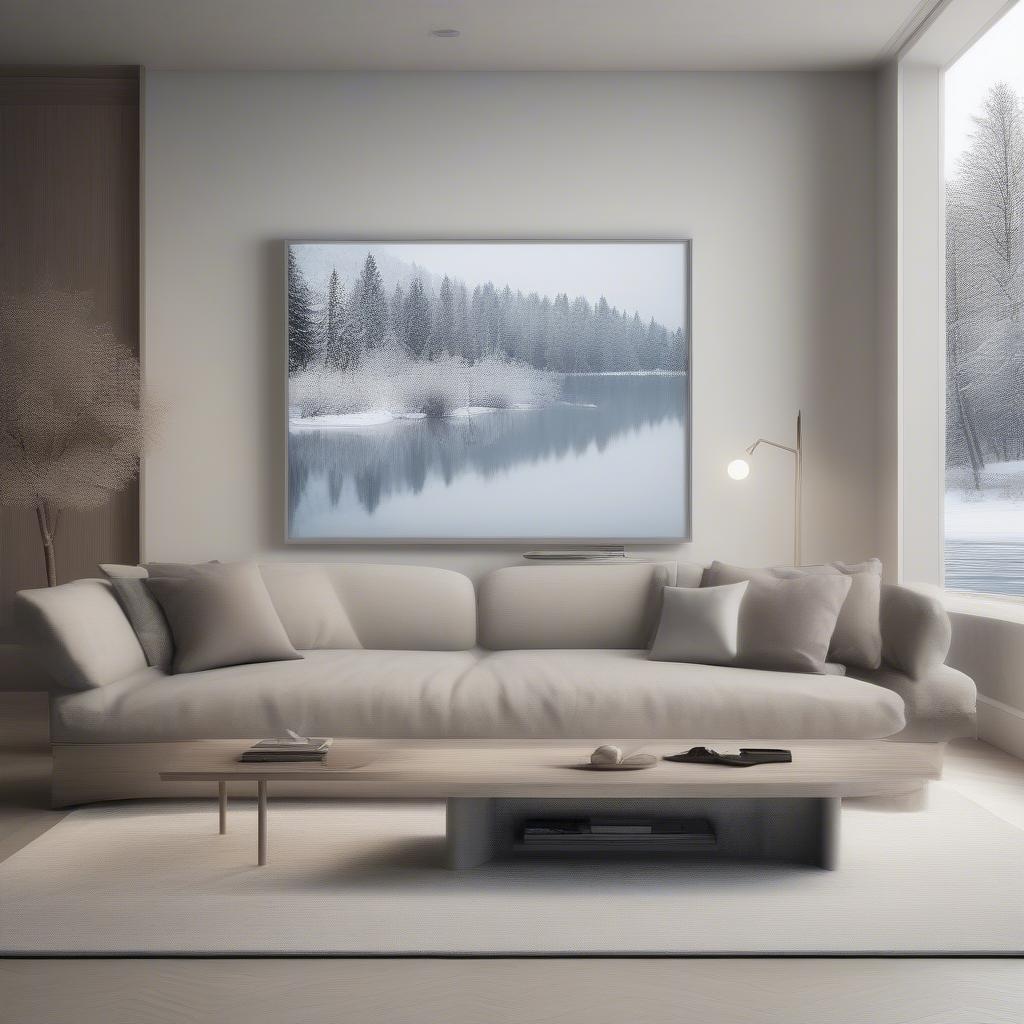 Frame TV displaying a serene winter landscape art