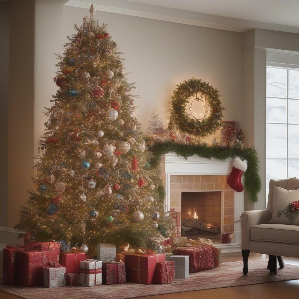 A beautifully decorated Christmas tree showcasing a variety of Framebridge ornaments strategically placed among traditional ornaments, lights, and greenery, creating a festive and personalized display.