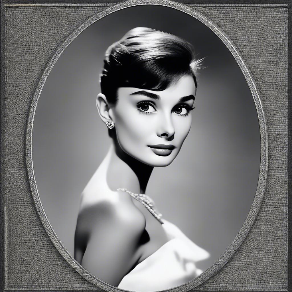 Black and white framed portrait of Audrey Hepburn, showcasing her elegant profile and timeless beauty.