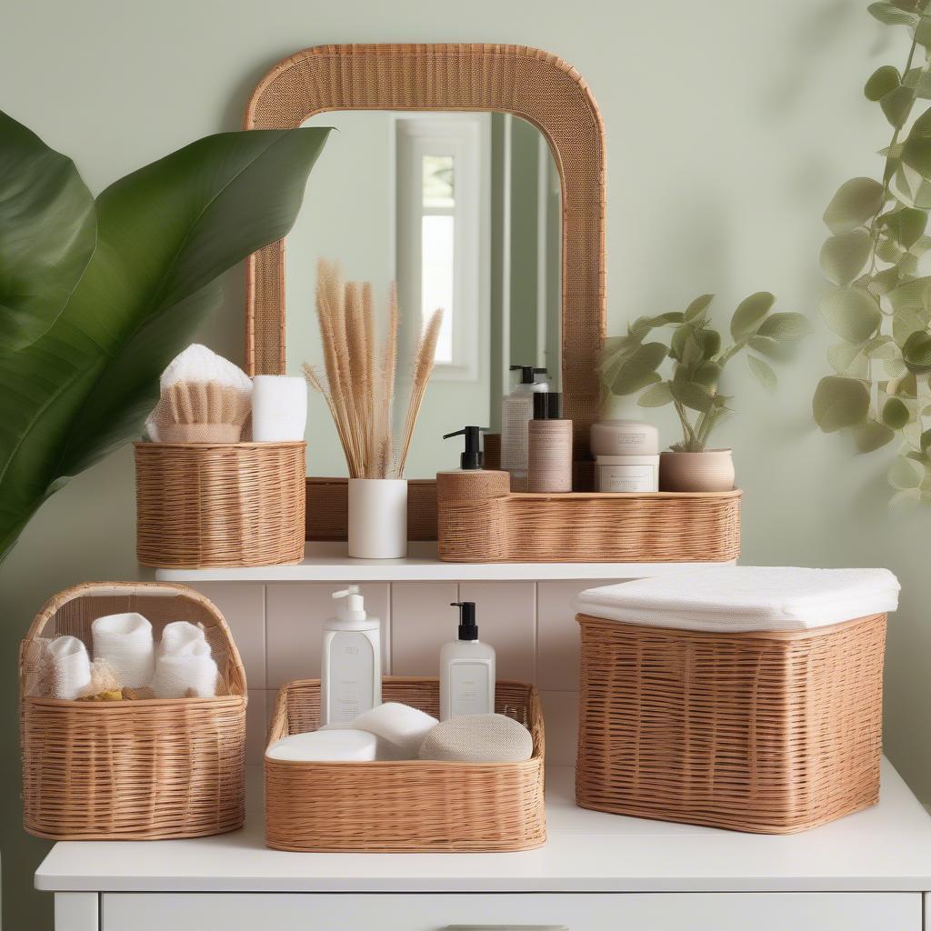 Framed bath accessories made from wicker and rattan.