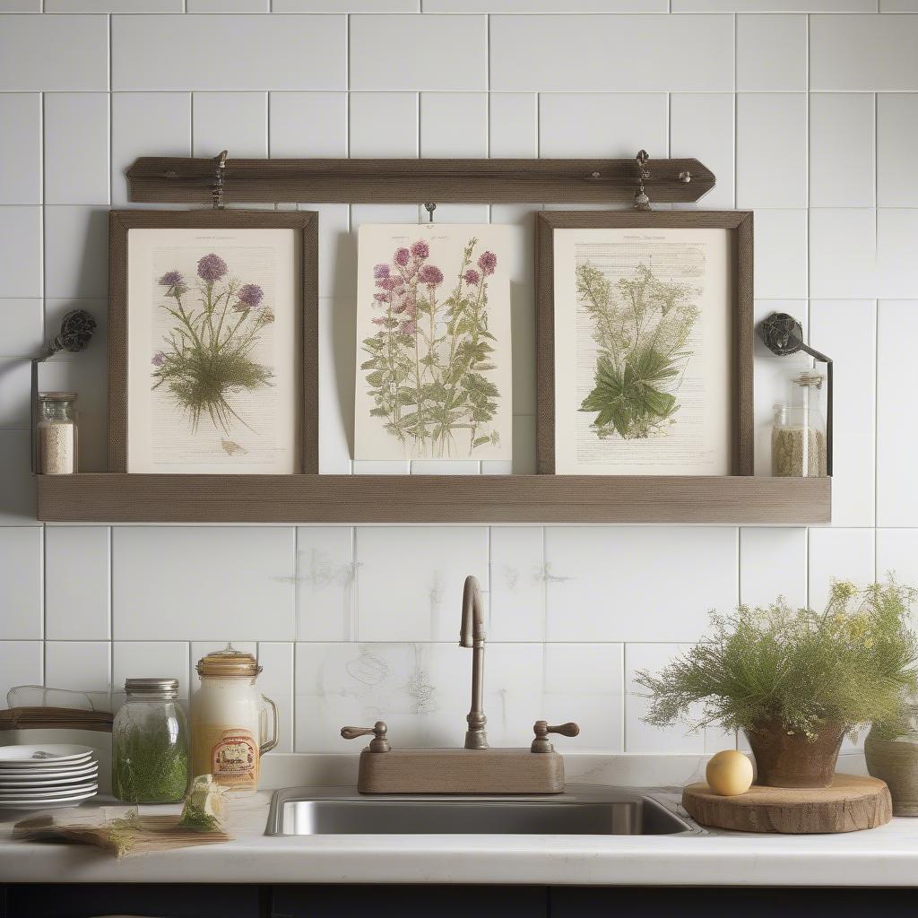 Framed Botanical Prints Above Kitchen Sink