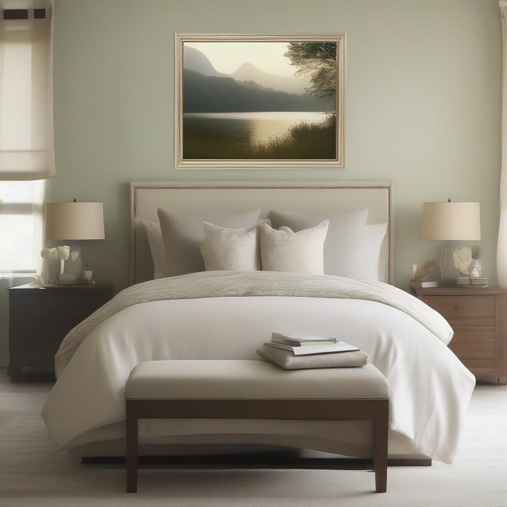 Framed canvas prints add elegance to a bedroom.