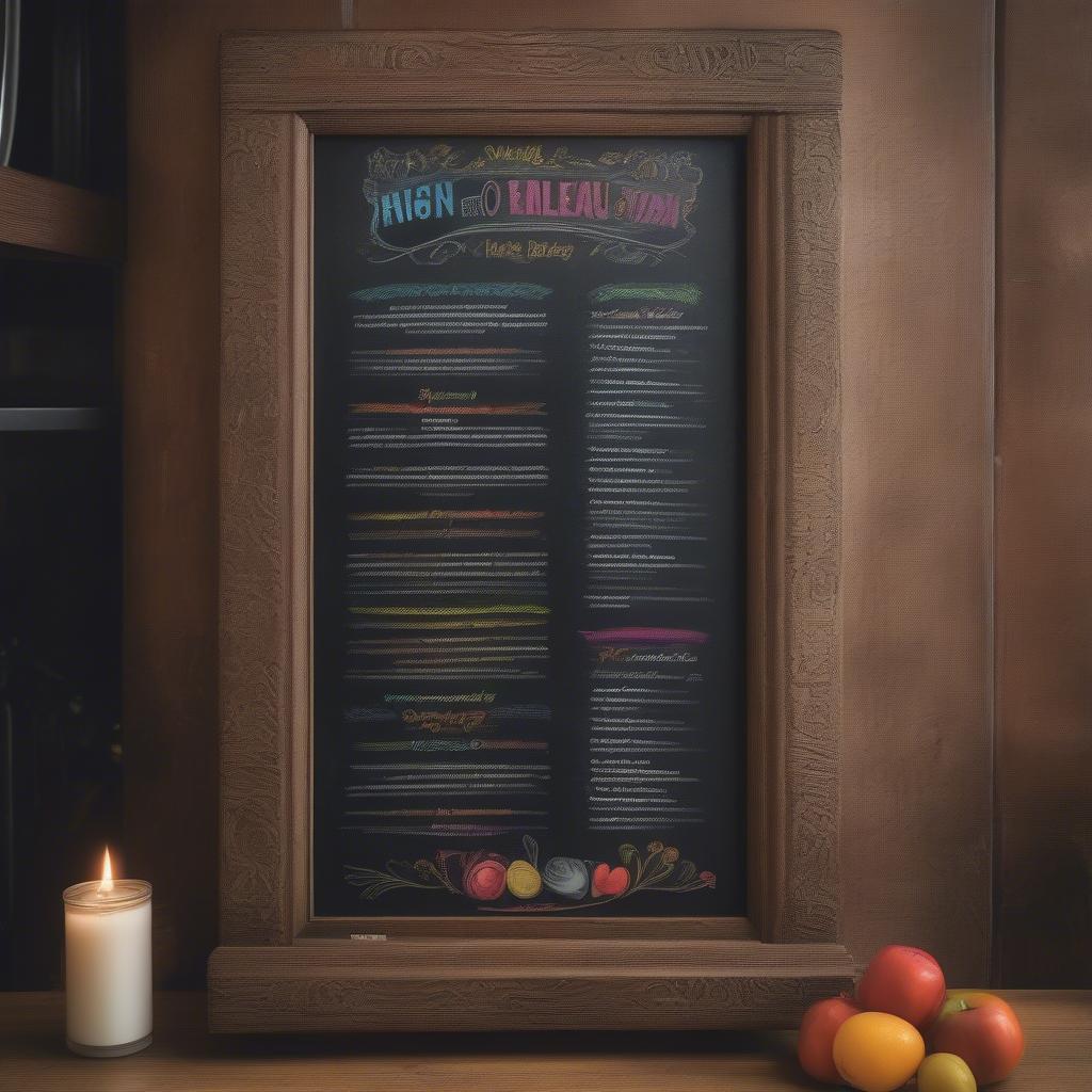 Framed chalkboard for sale: A close-up of a framed chalkboard with ornate wooden detailing, displaying a menu with specials of the day.