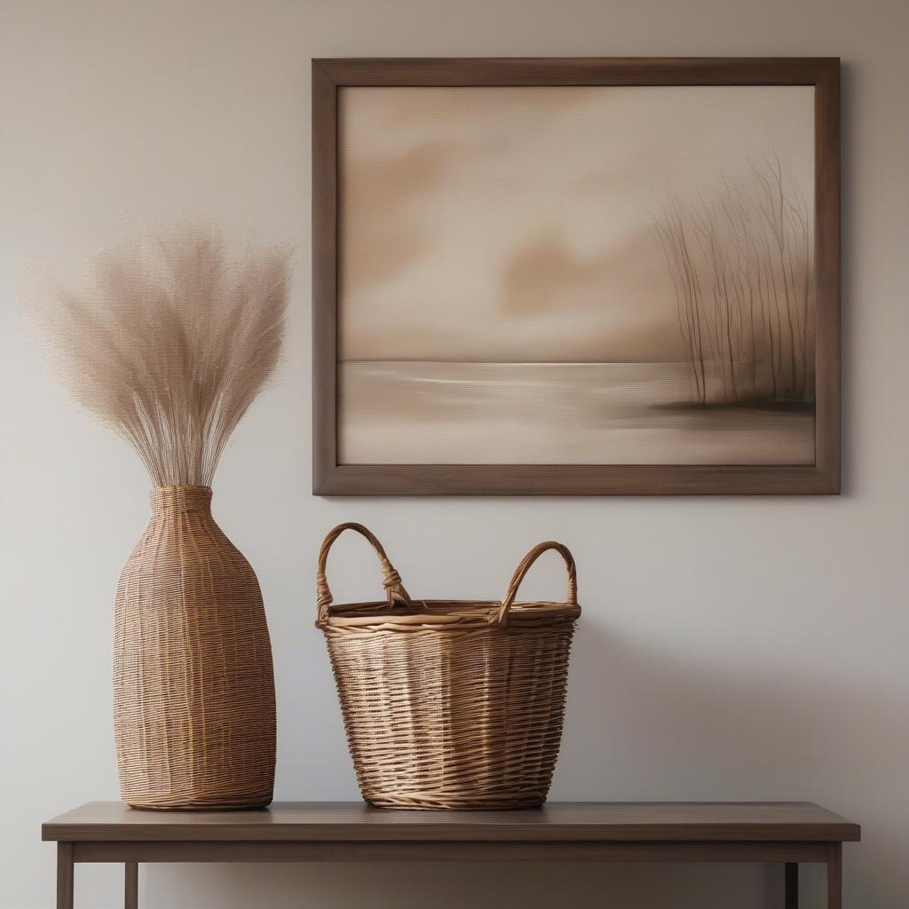 Framed large canvas featuring a woven wicker basket