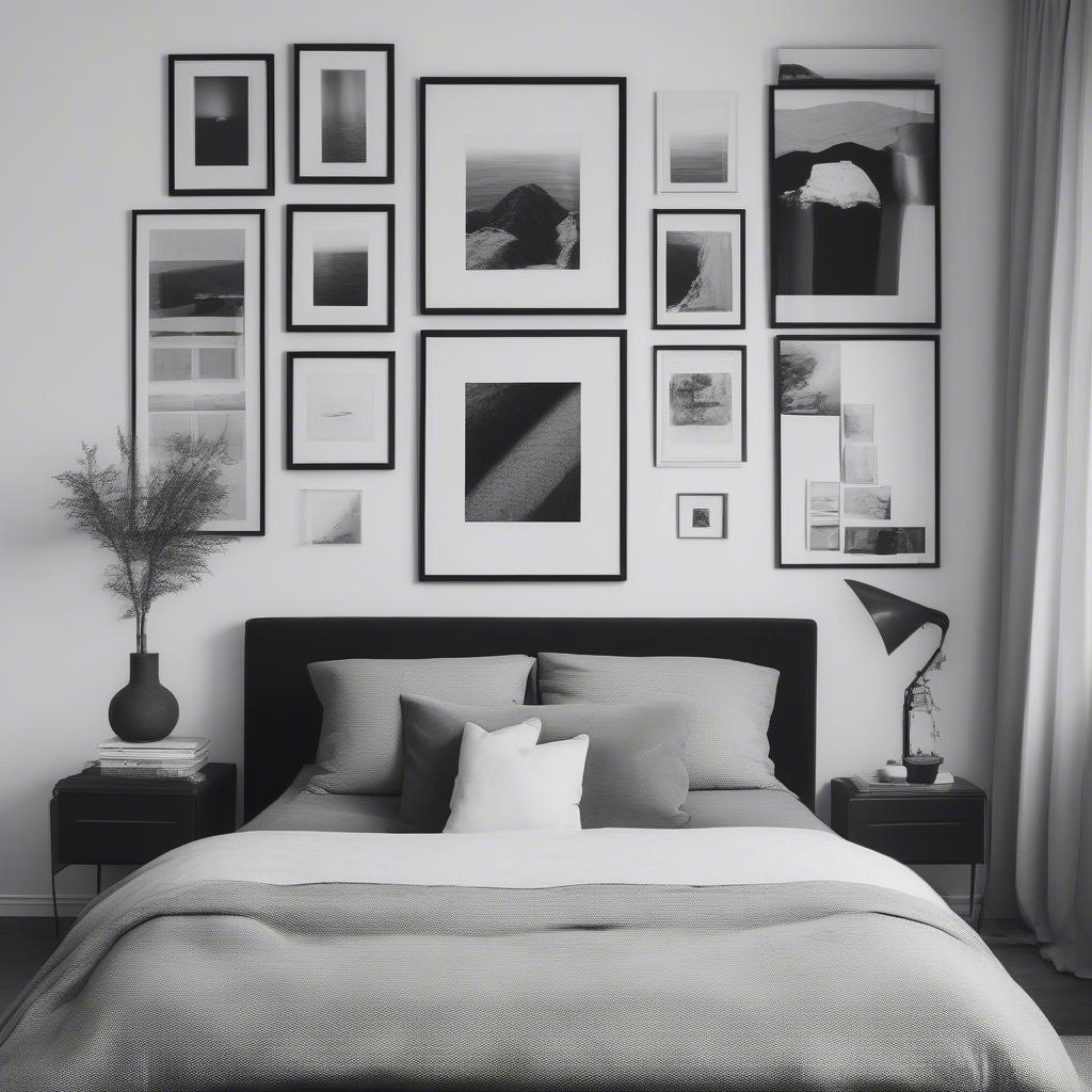 A minimalist framed photo wall in a bedroom with black and white photos