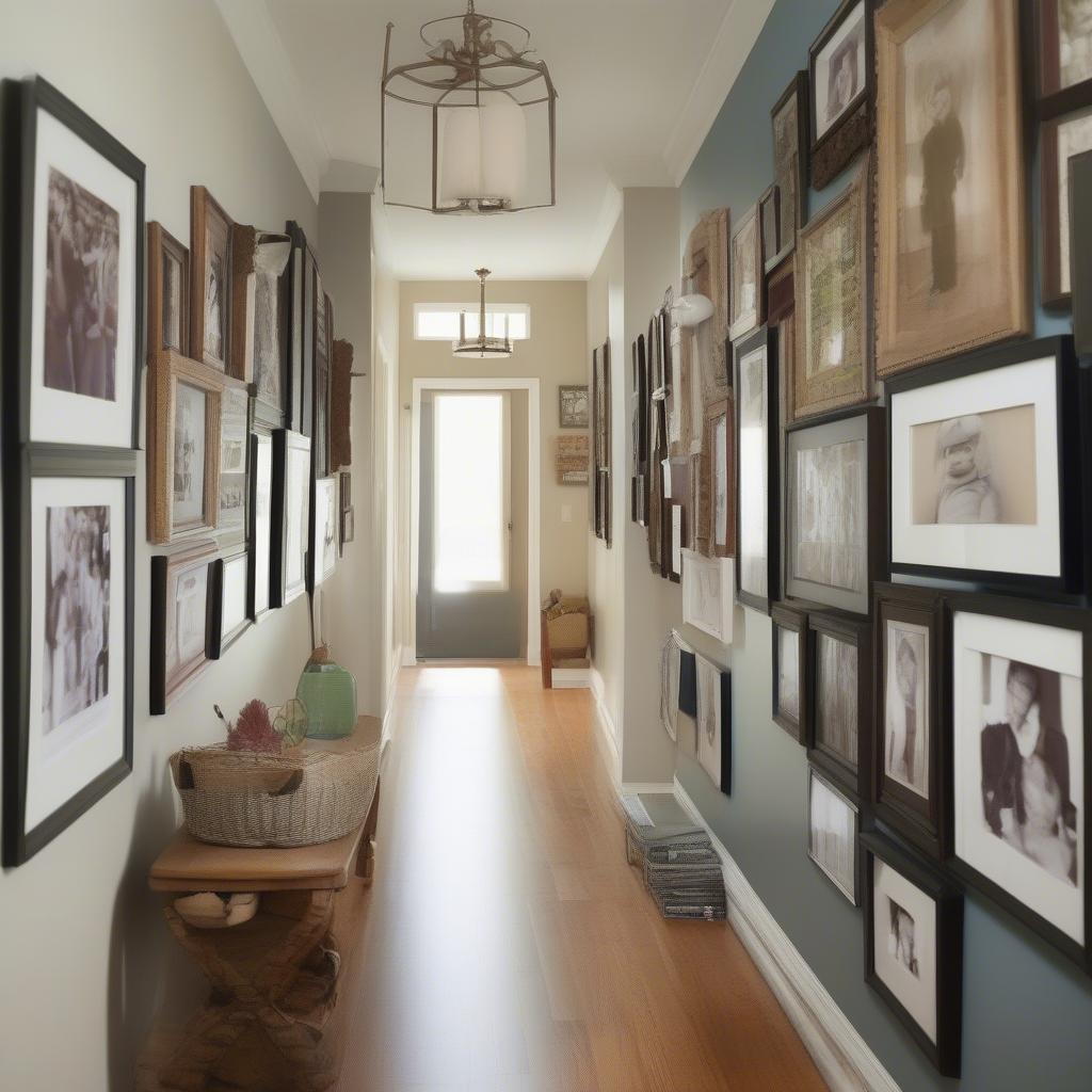 Framed photo wall in a hallway with a mix of family photos and artwork