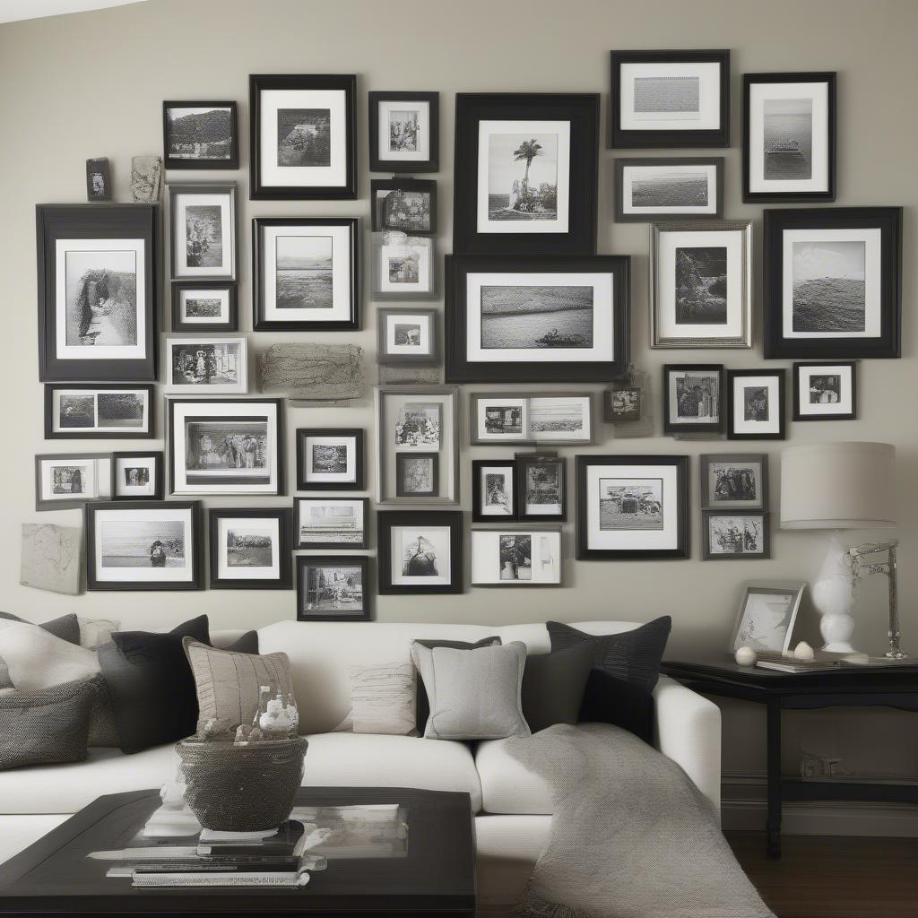 Framed photo wall in a living room showcasing family portraits and travel photos