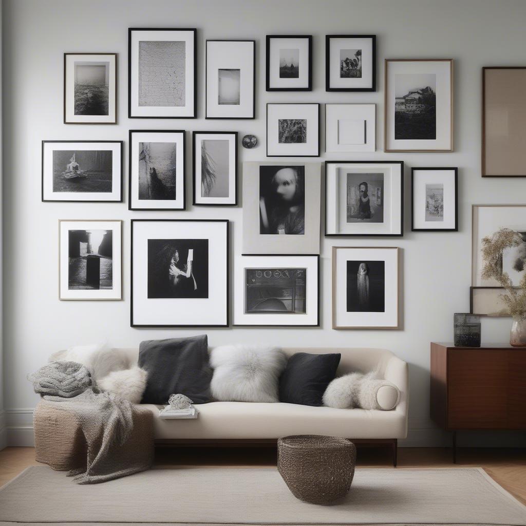 Framed photos arranged in a gallery wall display