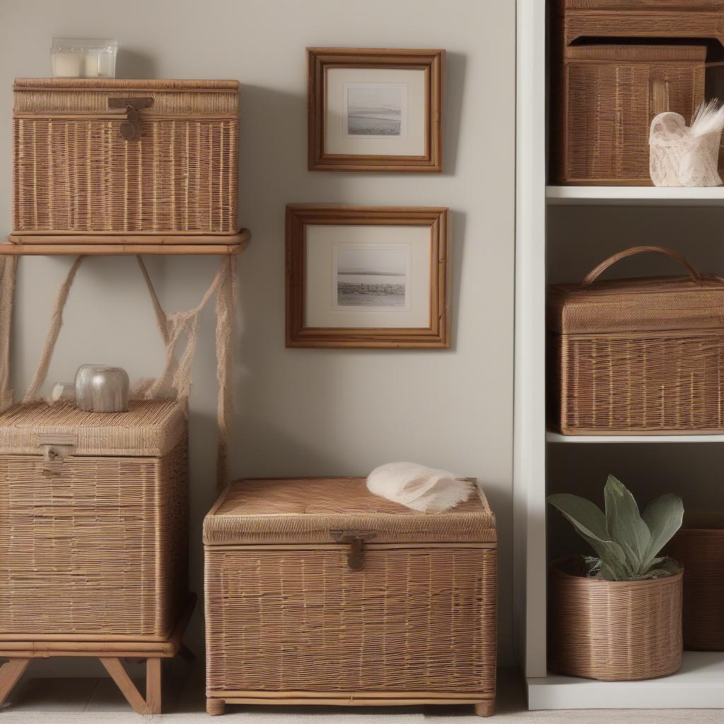 Wicker and rattan framed picture storage boxes showcasing various styles and sizes for organizing photos.