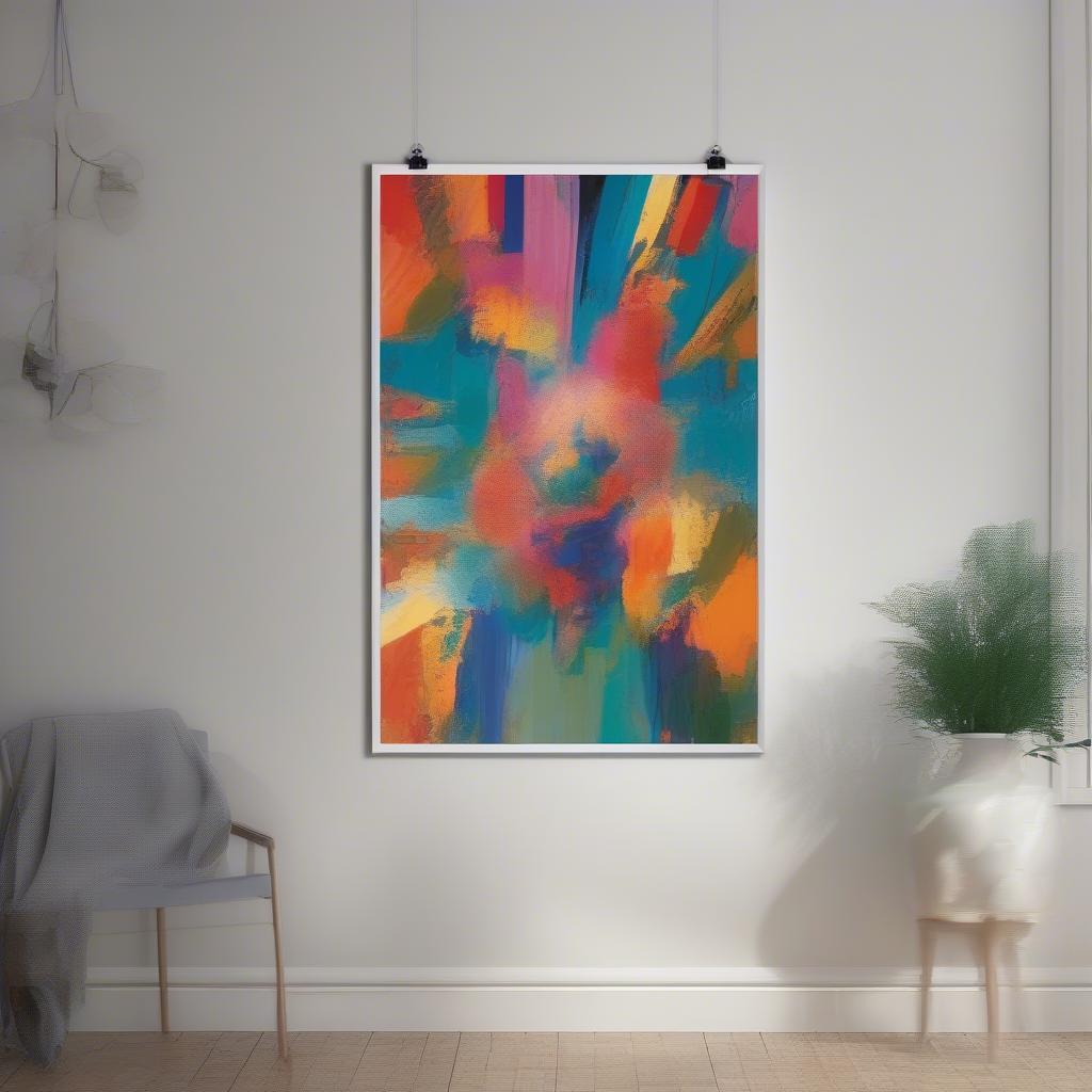 Frameless poster frame 24x36 displaying a vibrant art print on a wall