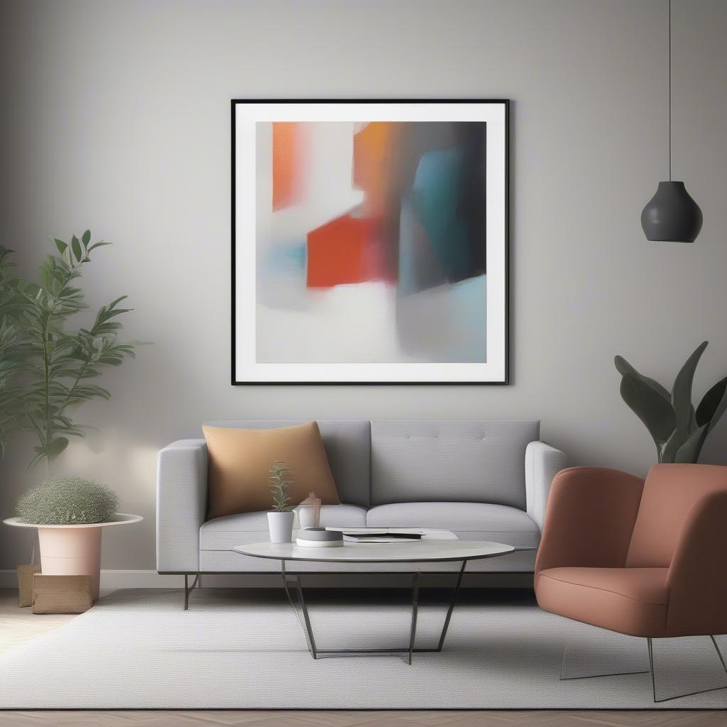 Modern living room with a frameless poster frame displaying a vibrant abstract print above a minimalist sofa.