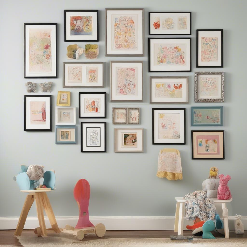 A gallery wall showcasing various framed children's art prints