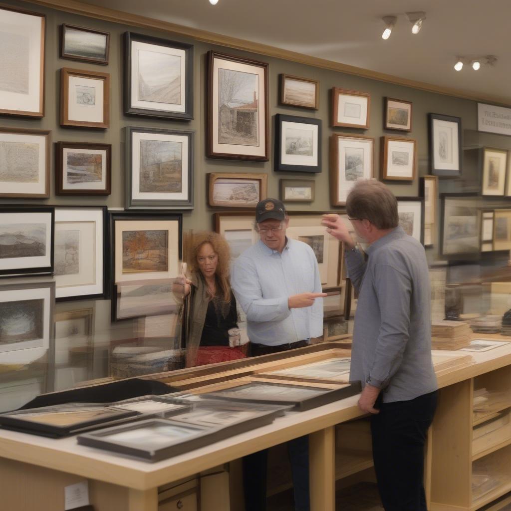 Customer discussing framing options with a framer in a well-equipped shop