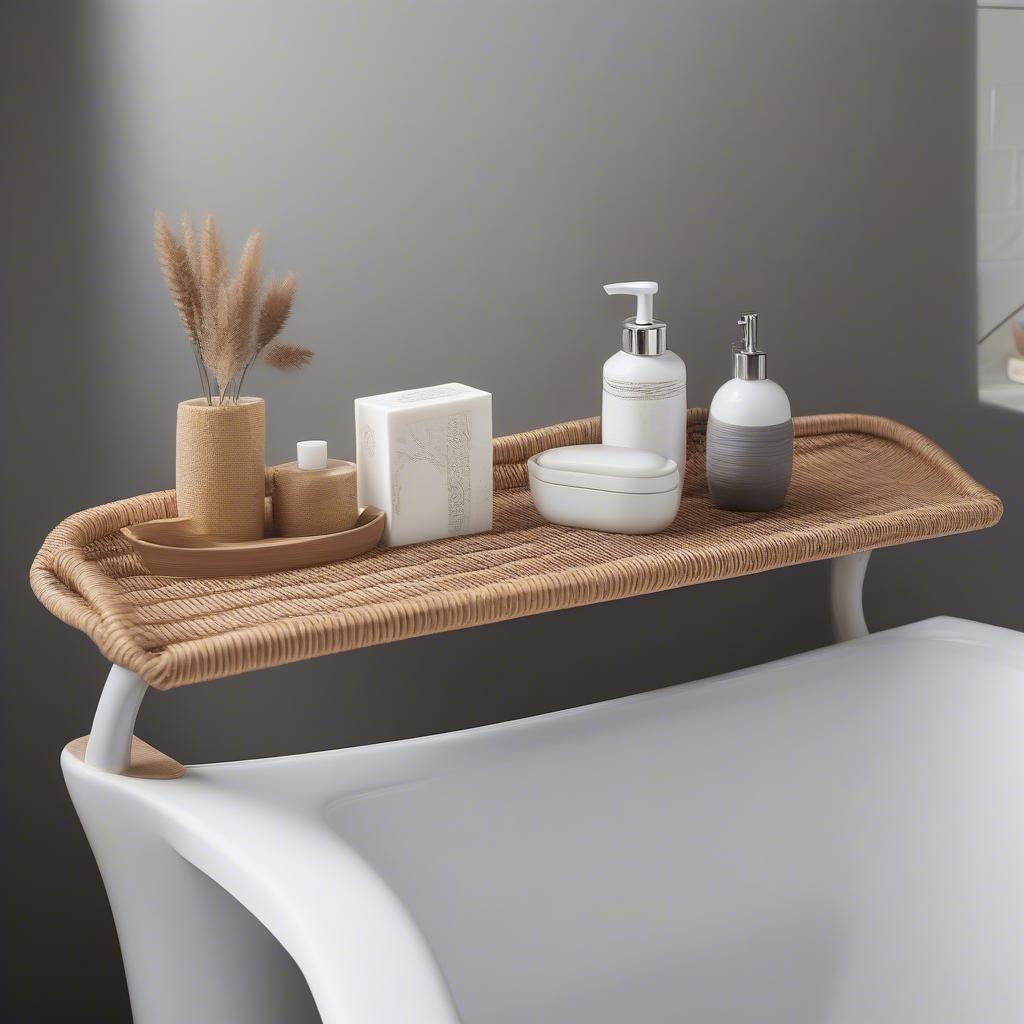 Several freestanding bathtub soap dishes are displayed on the edge of a bathtub and a nearby shelf.  They are made of different materials, showcasing various styles.