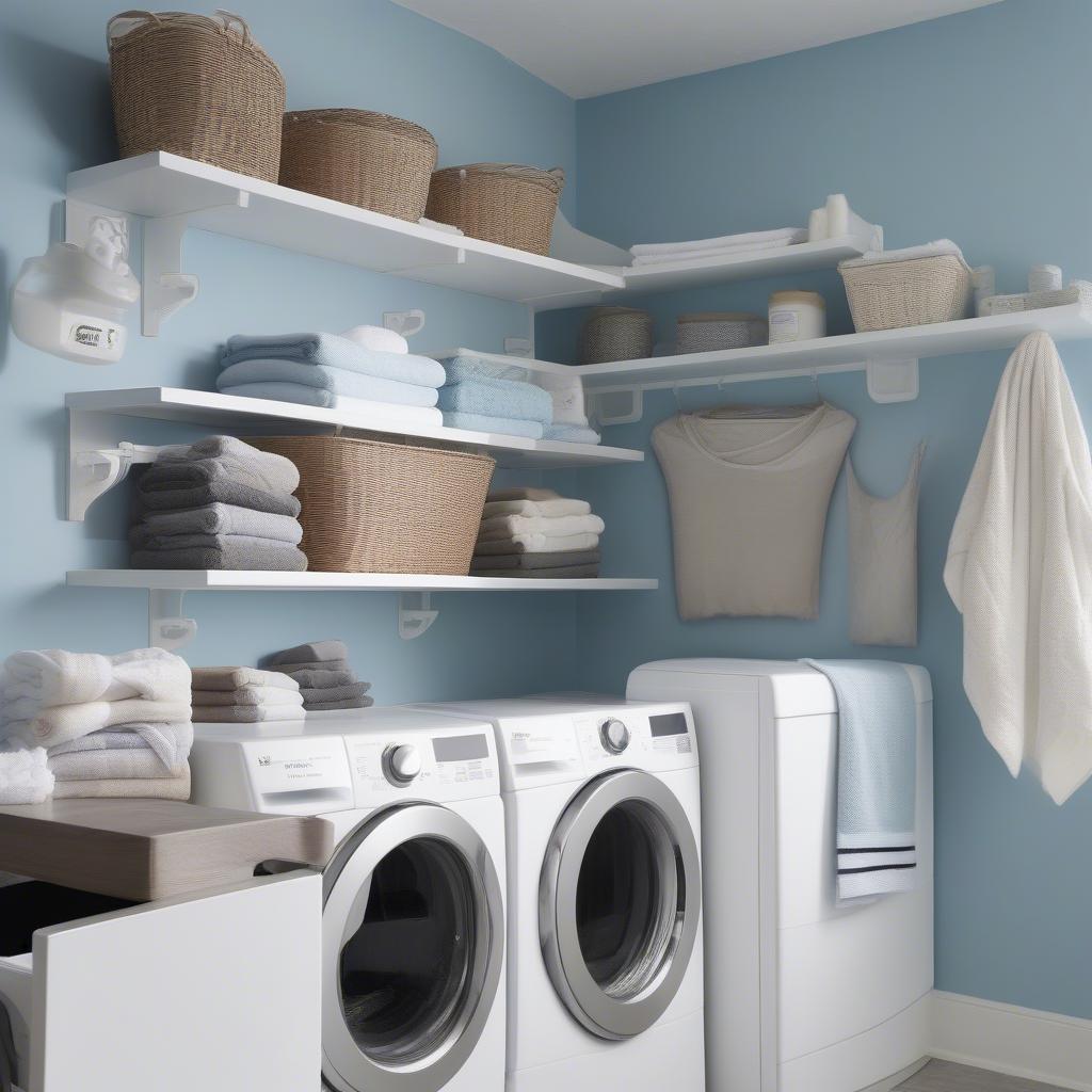 Open shelving and decorative hooks add functionality and style to a laundry room.