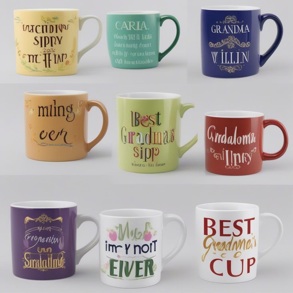 A collection of funny grandma mugs with various designs and sayings.