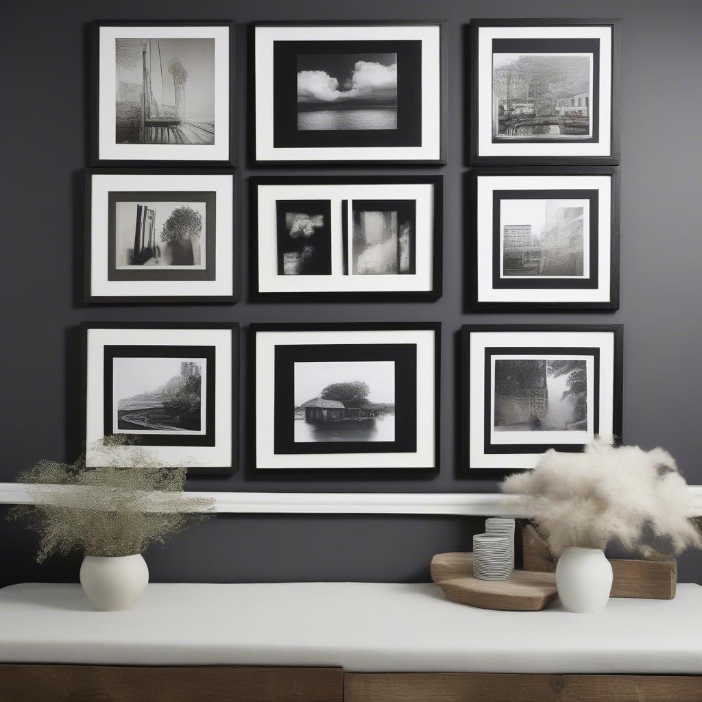 A gallery wall featuring a variety of 16x16 frames in different materials and colors, showcasing a mix of photographs and artwork.