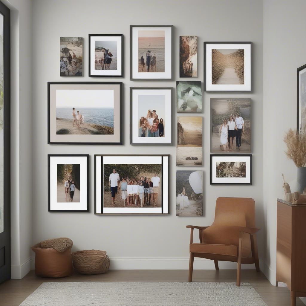 A gallery wall featuring various sized canvas prints, creating a visually appealing display.