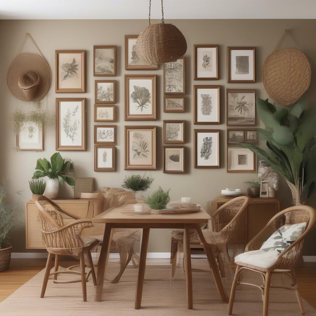 A gallery wall in a dining room featuring wicker accents.