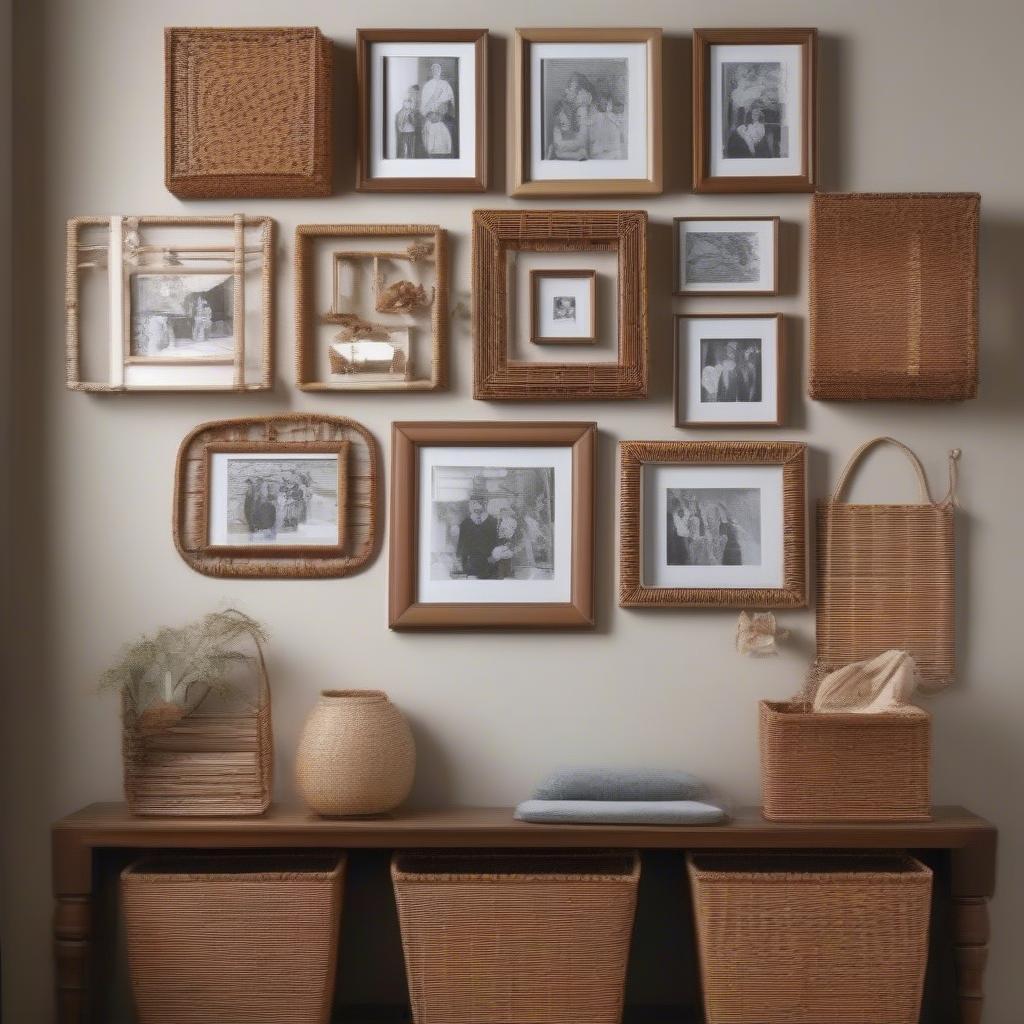 A gallery wall featuring family photos in wicker frames, along with rattan accents.